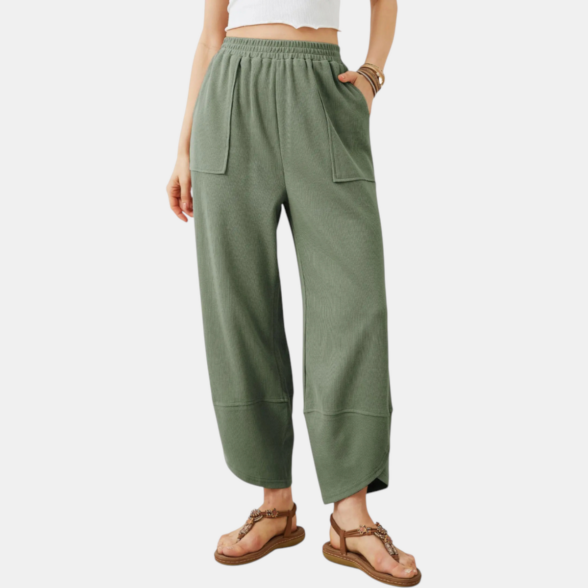 Women's Wide Leg Ribbed Knit Pants with Patch Pockets High Waist
