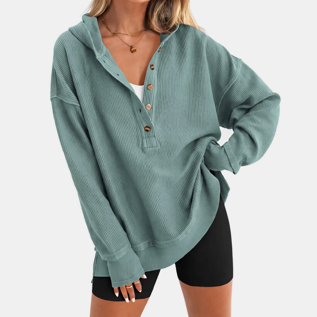 Women's Oversized Hoodie Button Front Ribbed Knit Pullover Sweatshirt