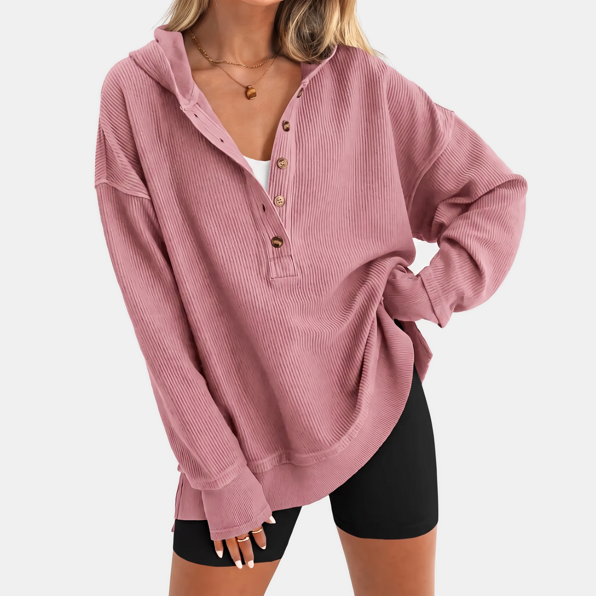 Women's Oversized Hoodie Button Front Ribbed Knit Pullover Sweatshirt