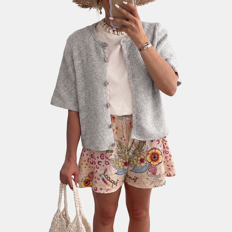 Women's Cropped Short Sleeve Button Front Cardigan Sweater
