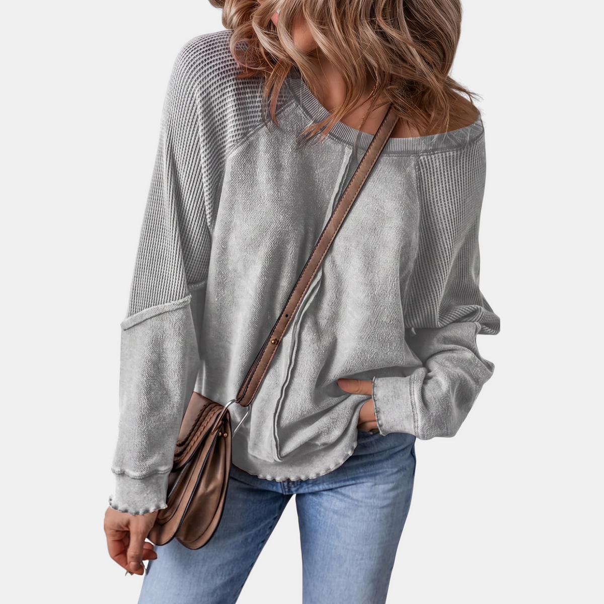 Women's Crewneck Exposed Seam Waffle Knit Oversized Sweatshirt