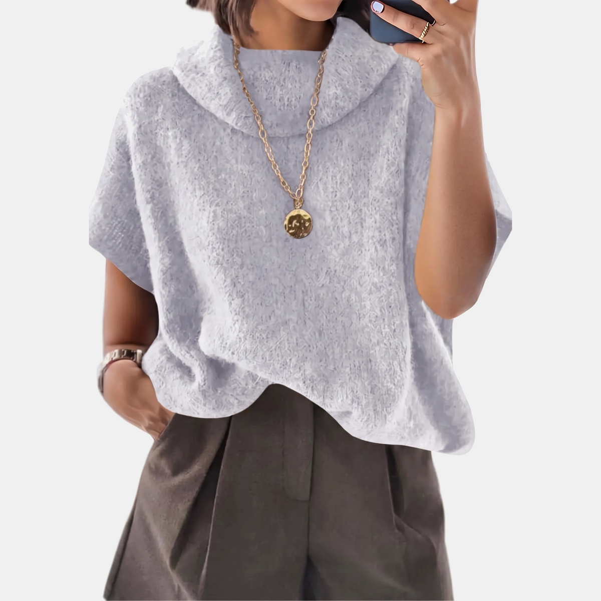 Women's Turtleneck Oversized Batwing Short Sleeve Knit Sweater