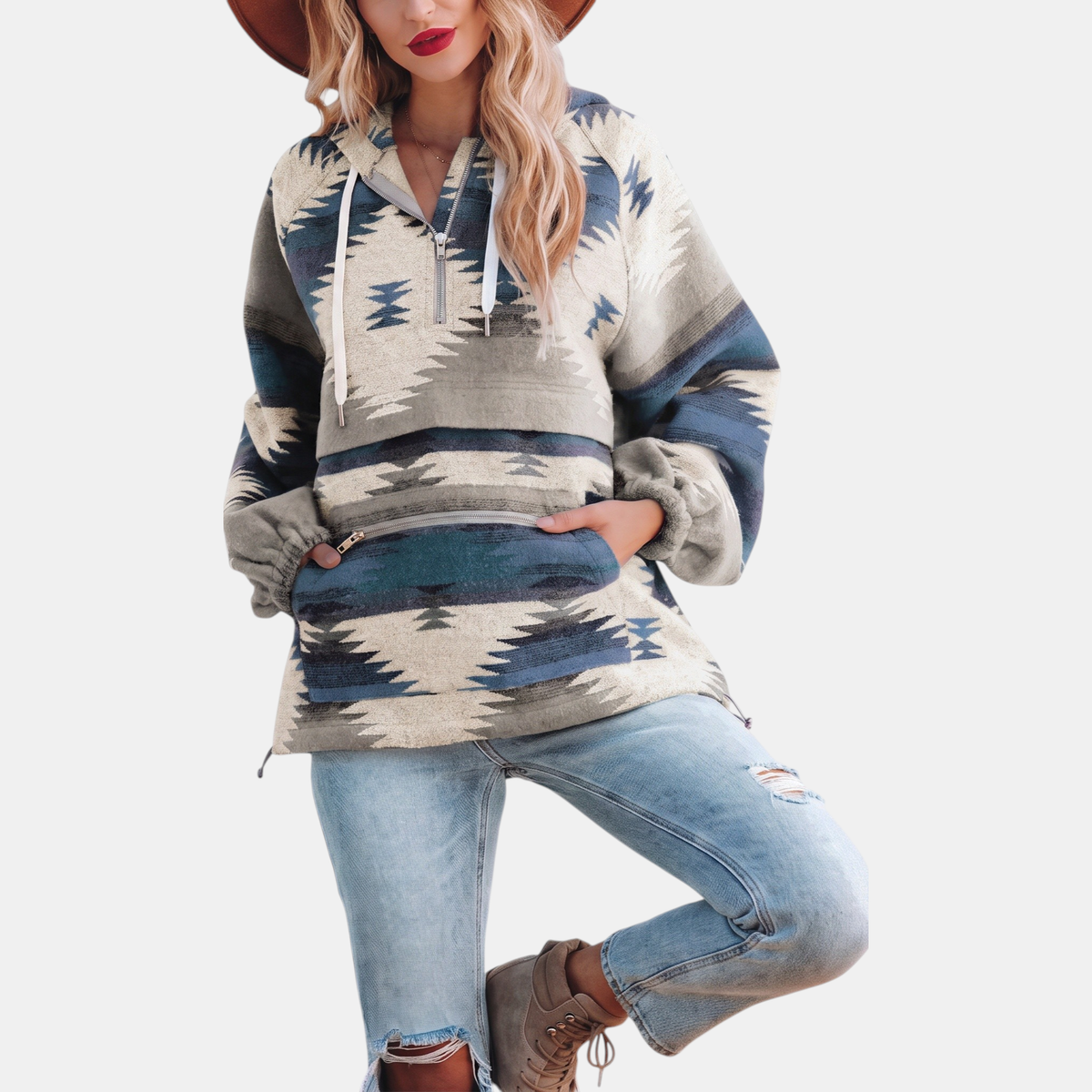 Oversized Quarter Zip Hoodie with Geometric Print
