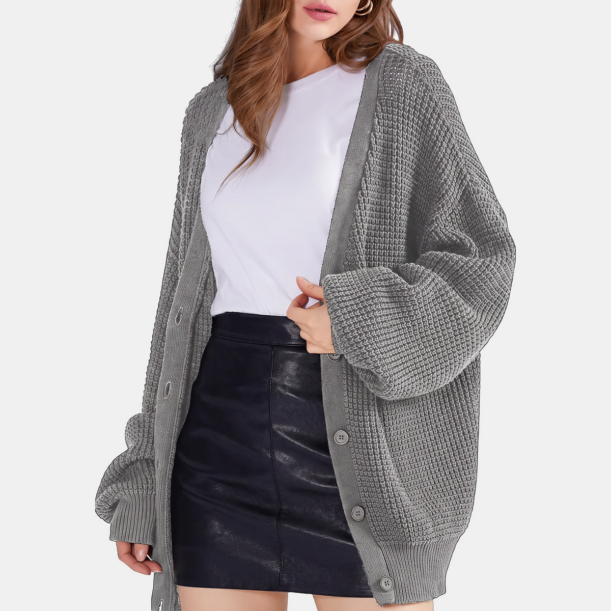 Women's Waffle Knit Cardigan Sweater with Balloon Sleeves