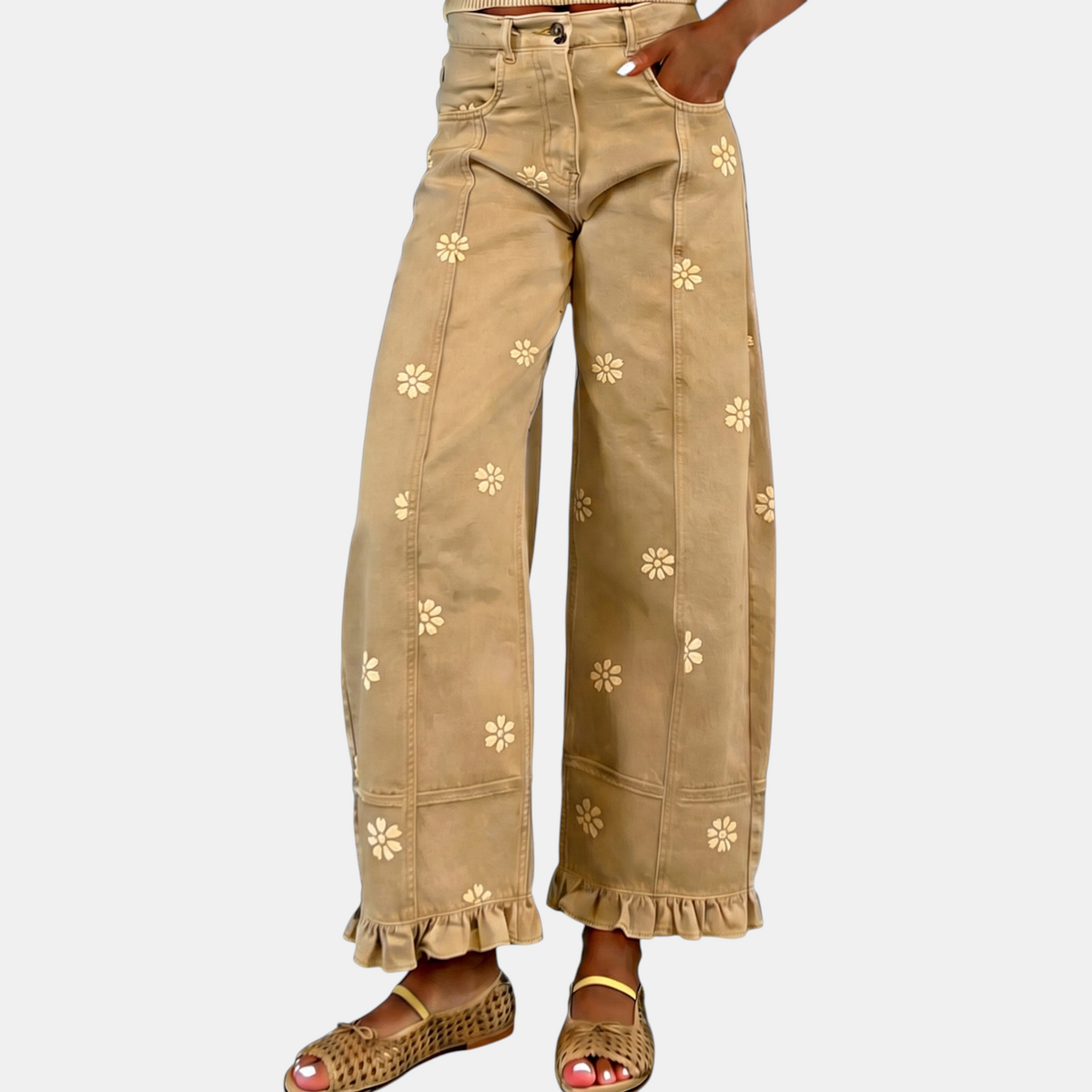 Women's Baggy Jeans Wide Leg Floral Ruffle Hem Denim Pants