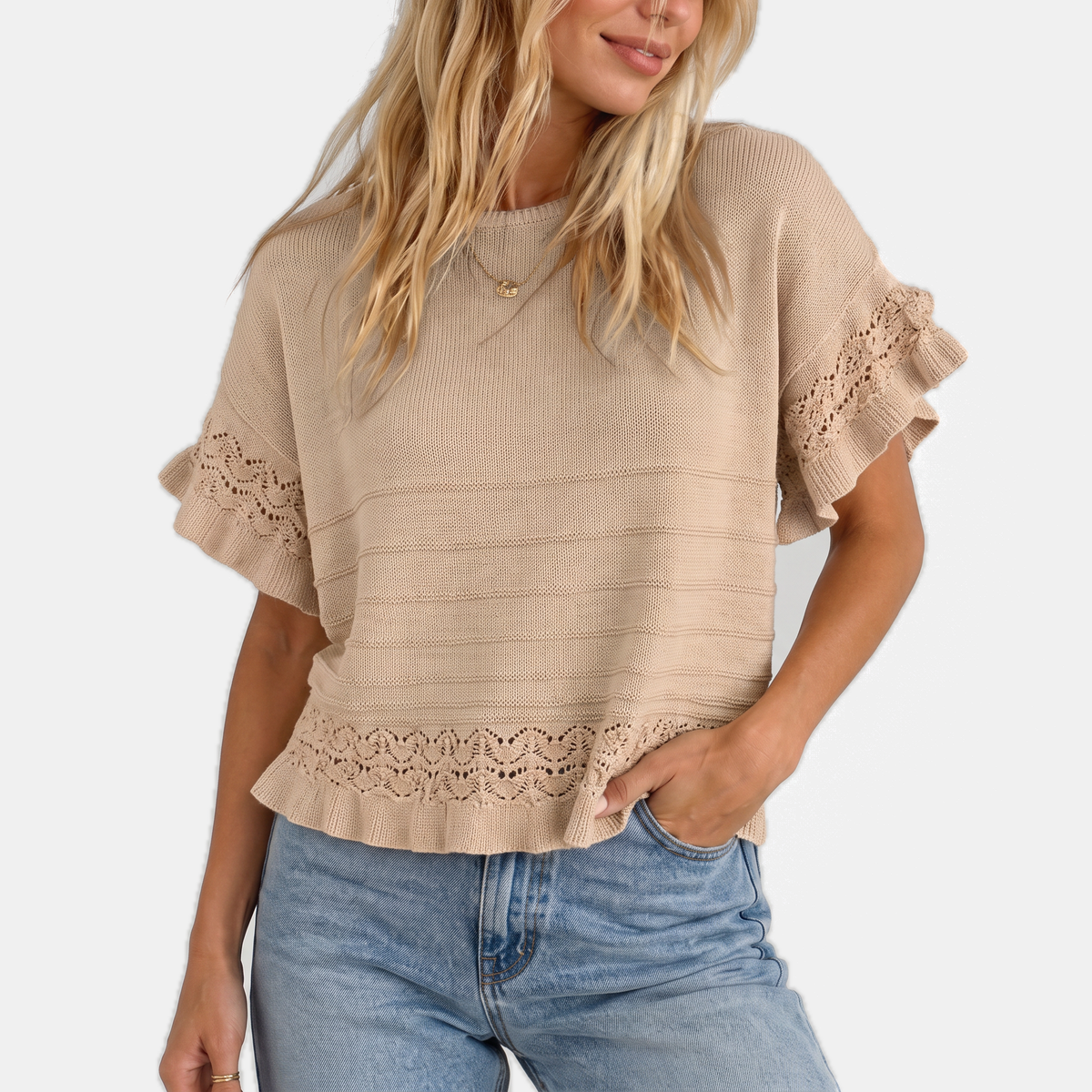 Women's Ruffled Hem Short Sleeve Knit Pullover Sweater