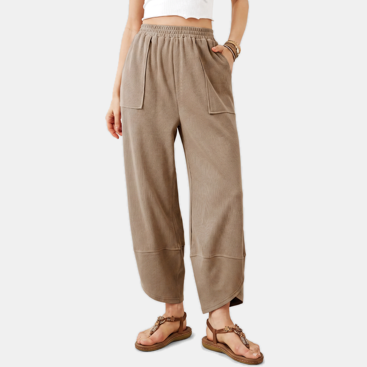 Women's Wide Leg Ribbed Knit Pants with Patch Pockets High Waist
