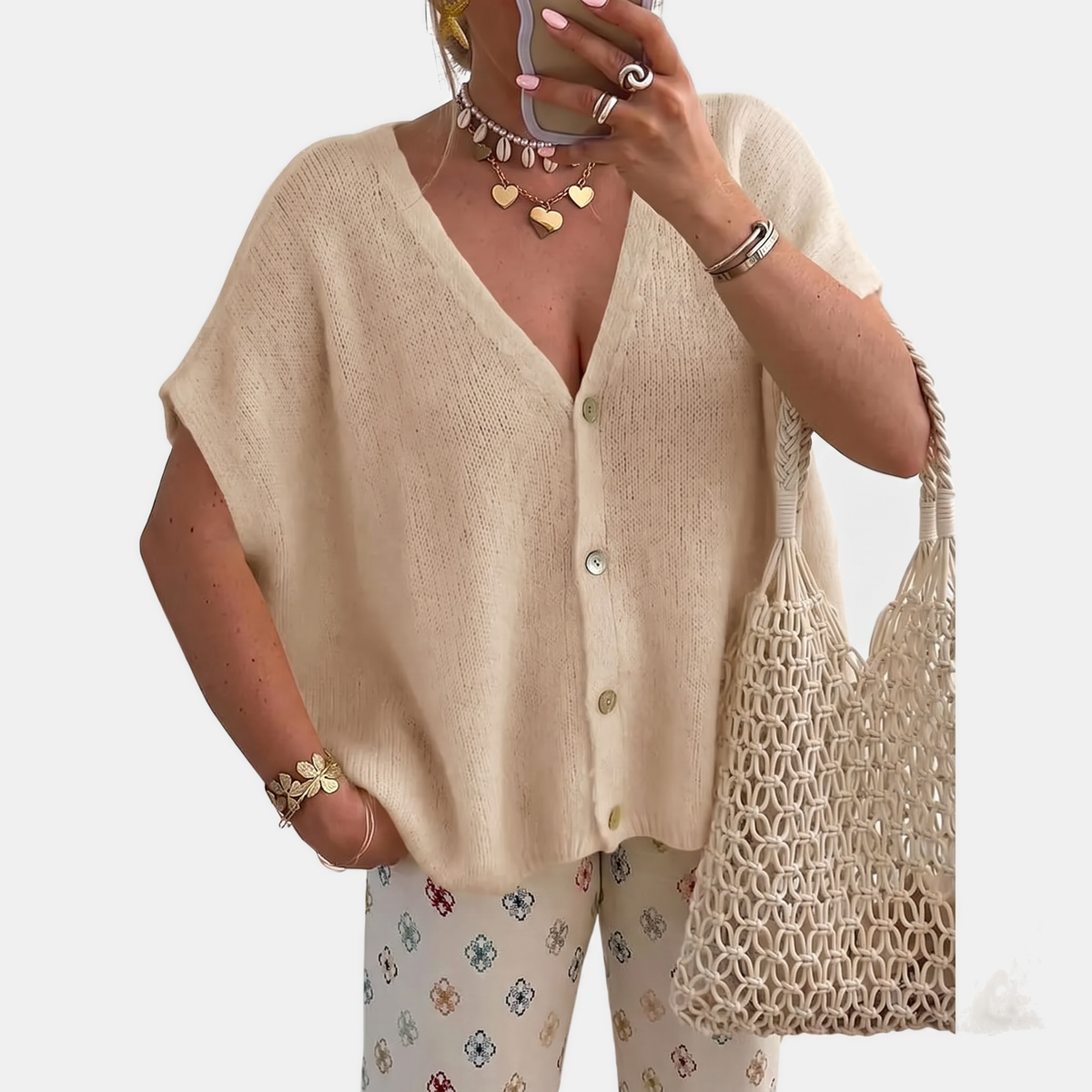 Women's Short Sleeve Button Front Oversized Knit Cardigan