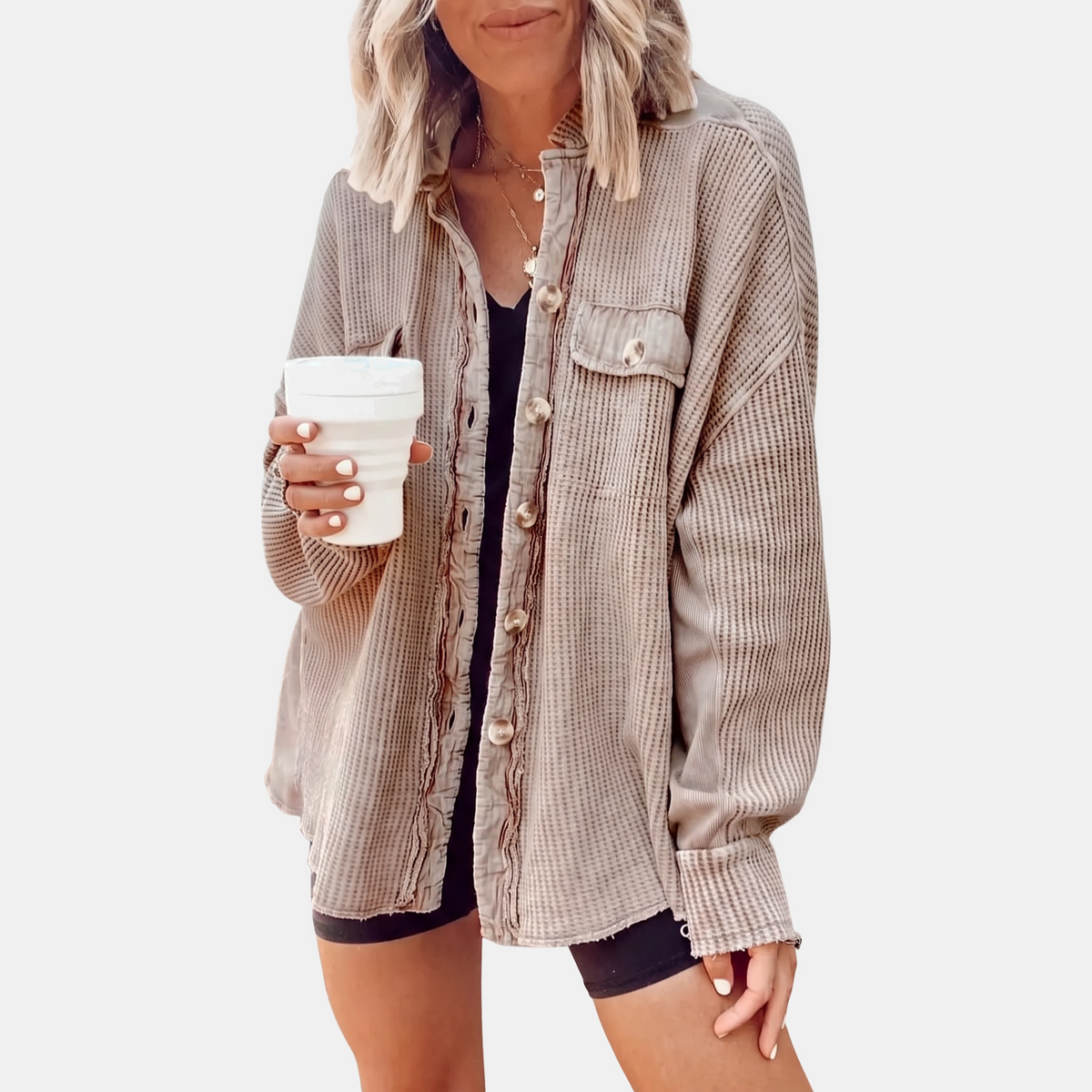 Women's Waffle Knit Raw Hem Button Down Shacket