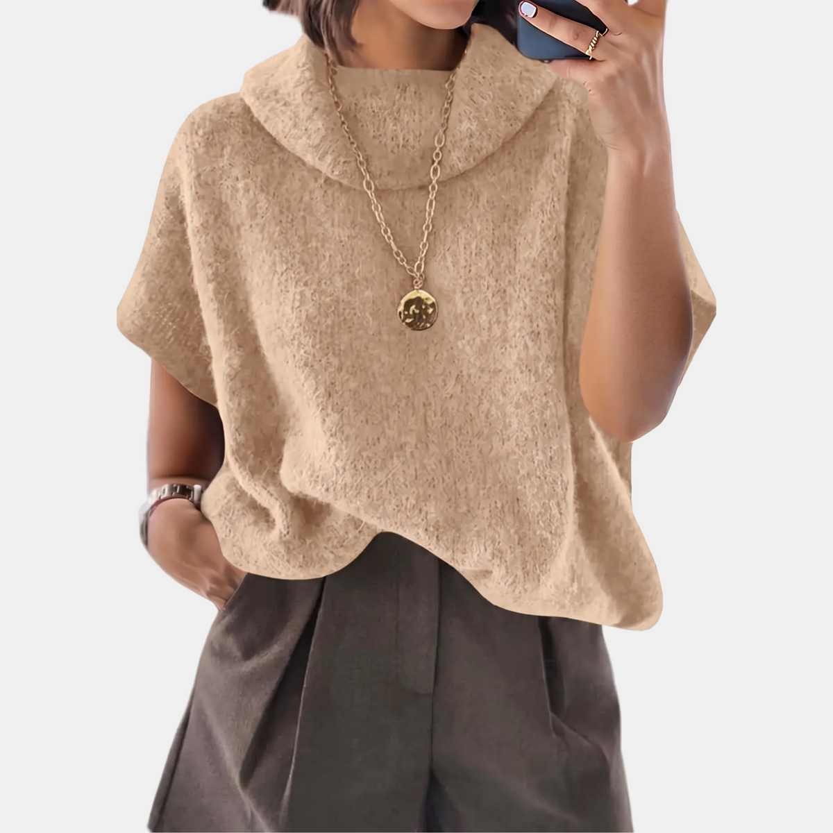 Women's Turtleneck Oversized Batwing Short Sleeve Knit Sweater