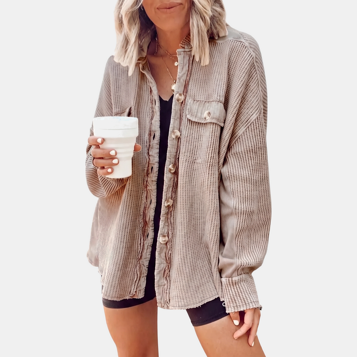 Women's Waffle Knit Raw Hem Button Down Shacket