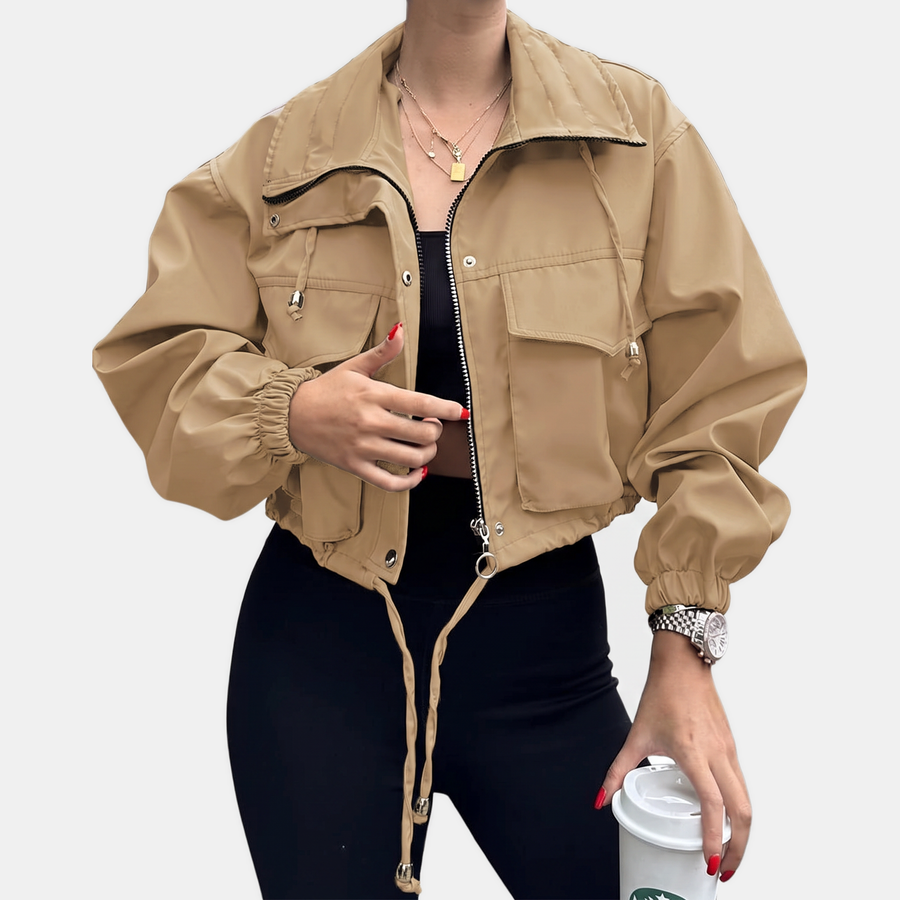 Women's Cropped Utility Zip Up Jacket with Snap Button Pockets
