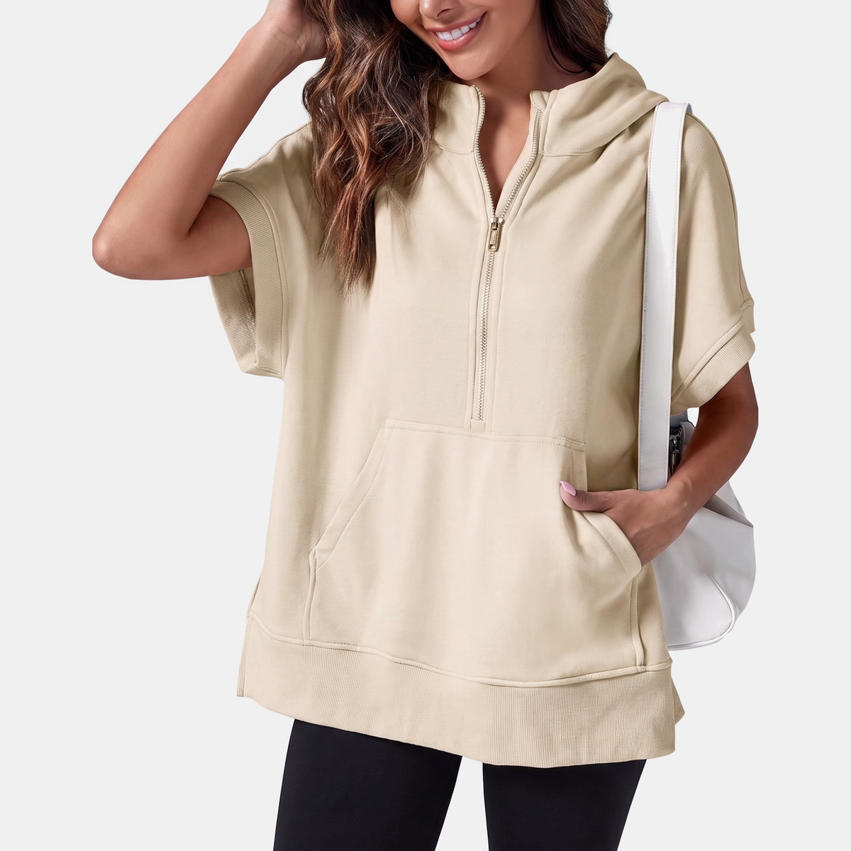 Women's Oversized Half Zip Short Sleeve Hoodie Sweatshirt with Pockets