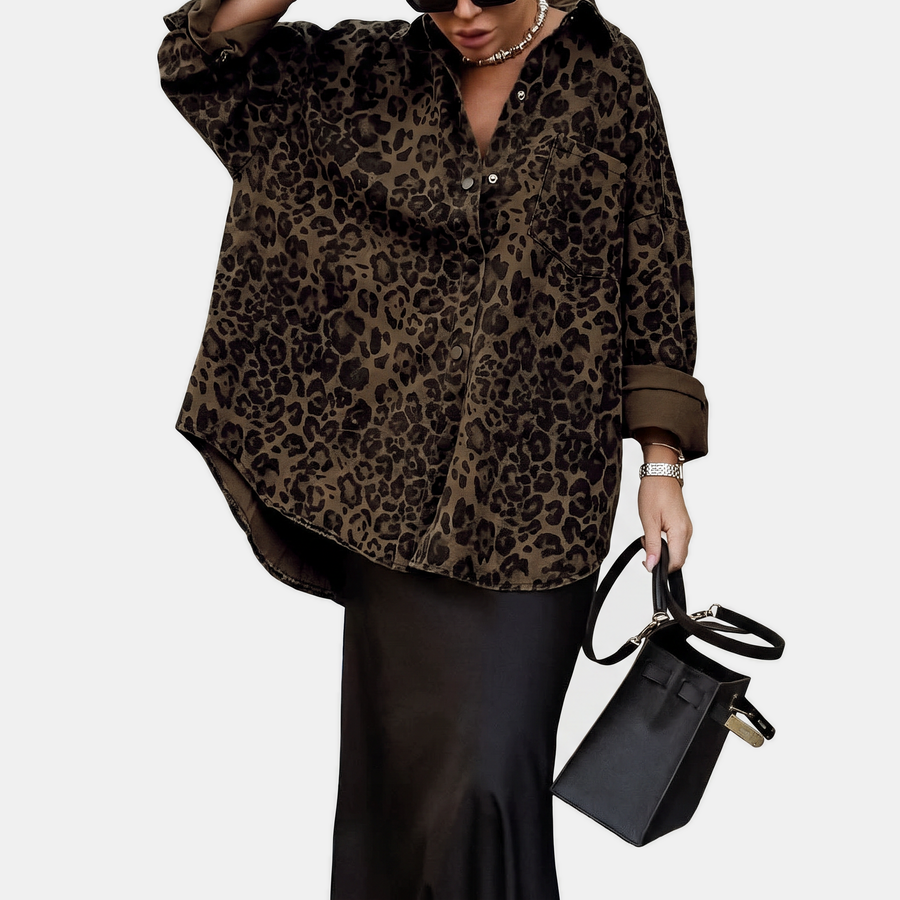 Women's Button Front Long Sleeve Oversized Animal Print Shacket