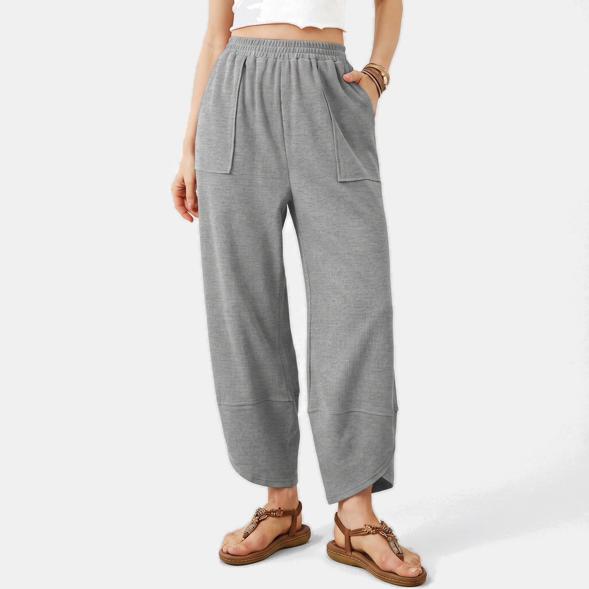 Women's Wide Leg Ribbed Knit Pants with Patch Pockets High Waist