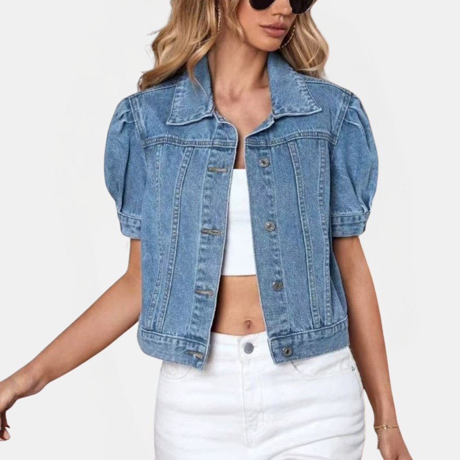 Women's Puff Sleeve Cropped Denim Jacket Button Front