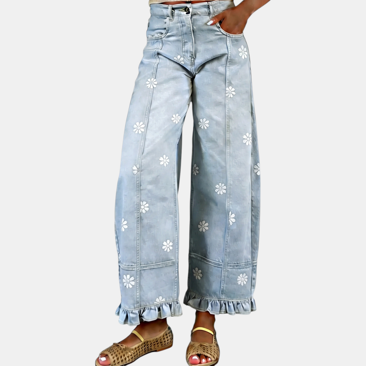 Women's Baggy Jeans Wide Leg Floral Ruffle Hem Denim Pants