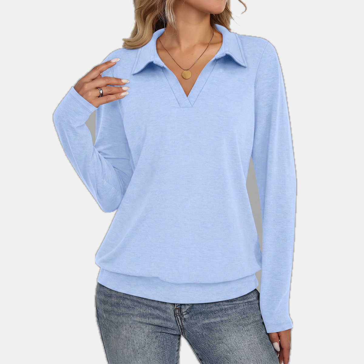 Women's Relaxed Polo Collar V-Neck Pullover Sweatshirt