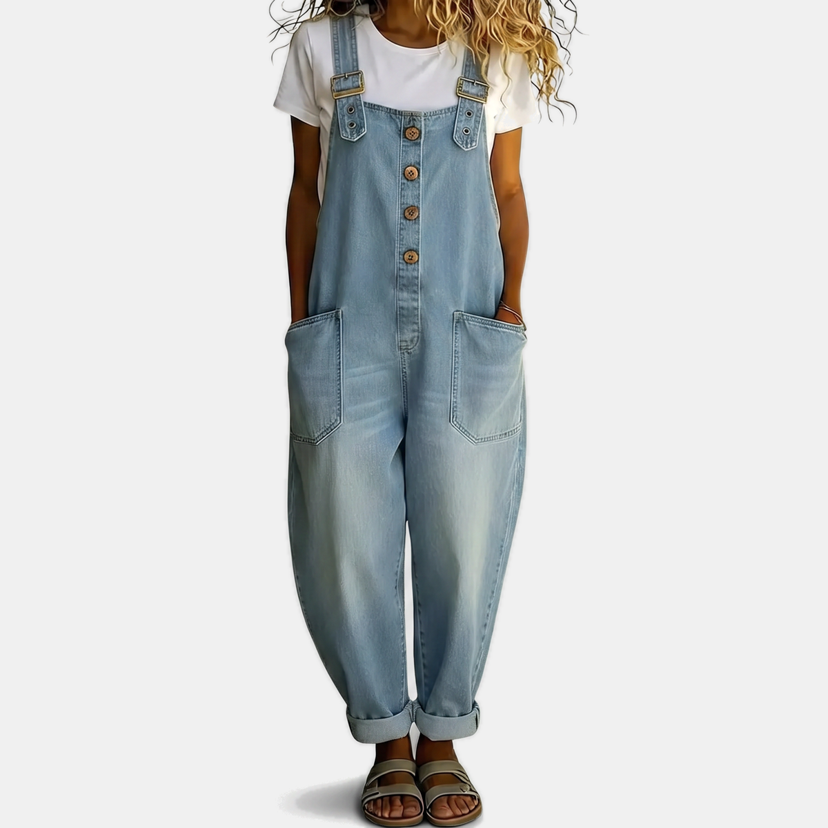 Women's Washed Wide Leg Bib Overall Denim Jumpsuit
