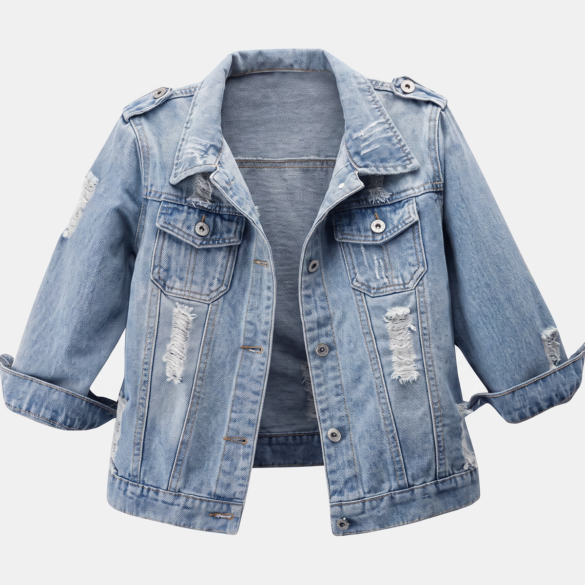 Women's Cropped Distressed Button Front Washed Denim Jacket