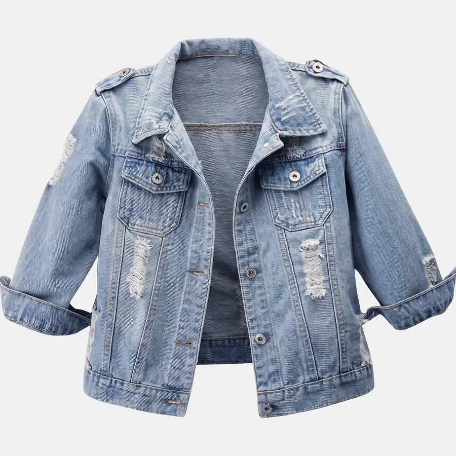 Women's Cropped Distressed Button Front Washed Denim Jacket