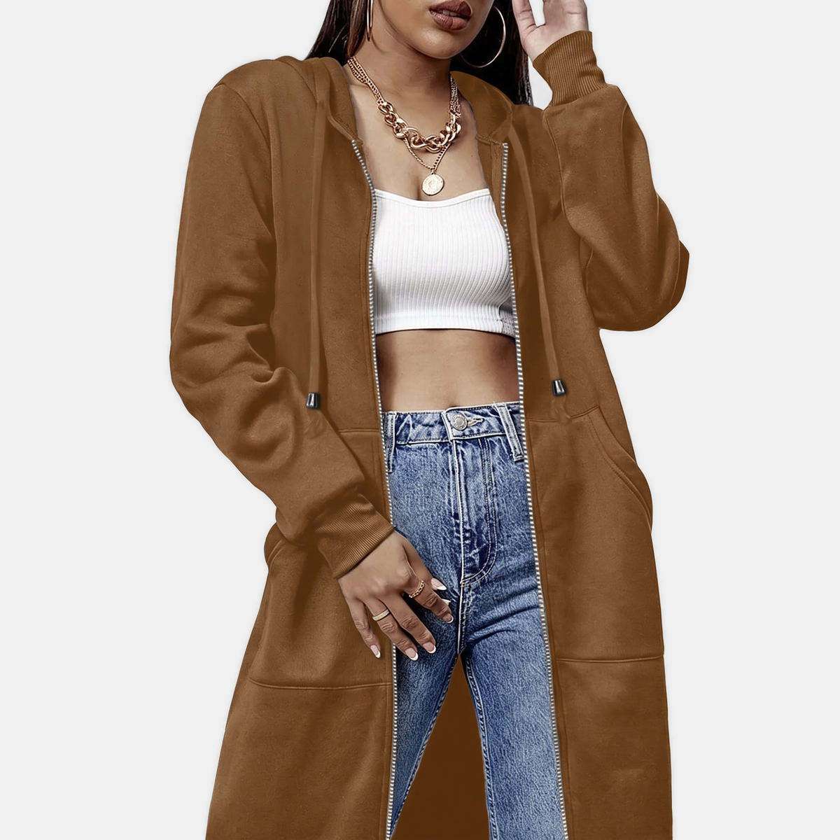 Women's Zip Up Oversized Hoodie Longline Fleece Sweatshirt