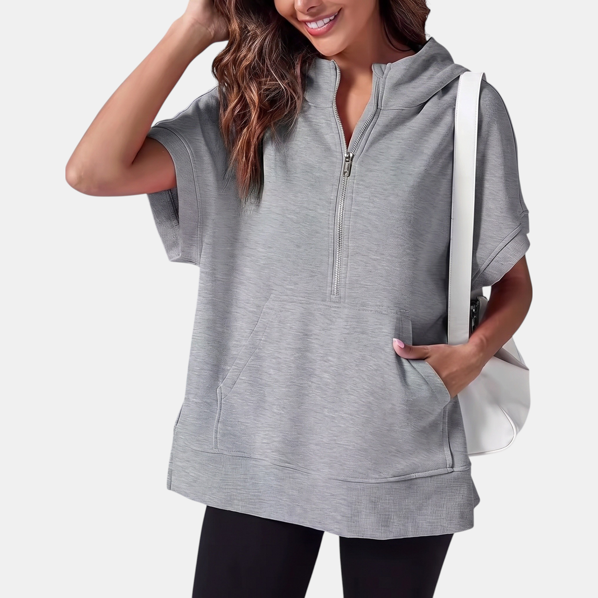 Women's Oversized Half Zip Short Sleeve Hoodie Sweatshirt with Pockets
