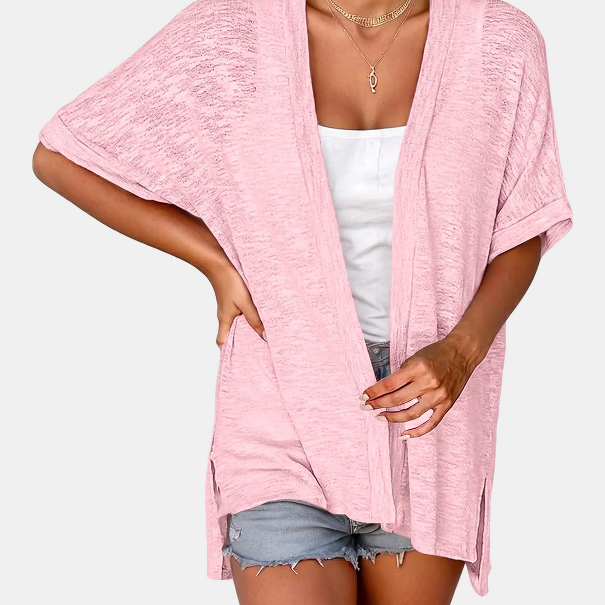 Women's Short Sleeve Open Front Cardigan Textured Knit High Low Hem
