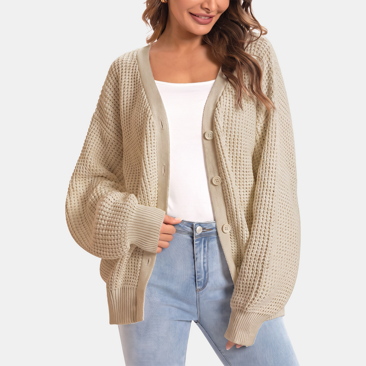 Women's Waffle Knit Cardigan Sweater with Balloon Sleeves