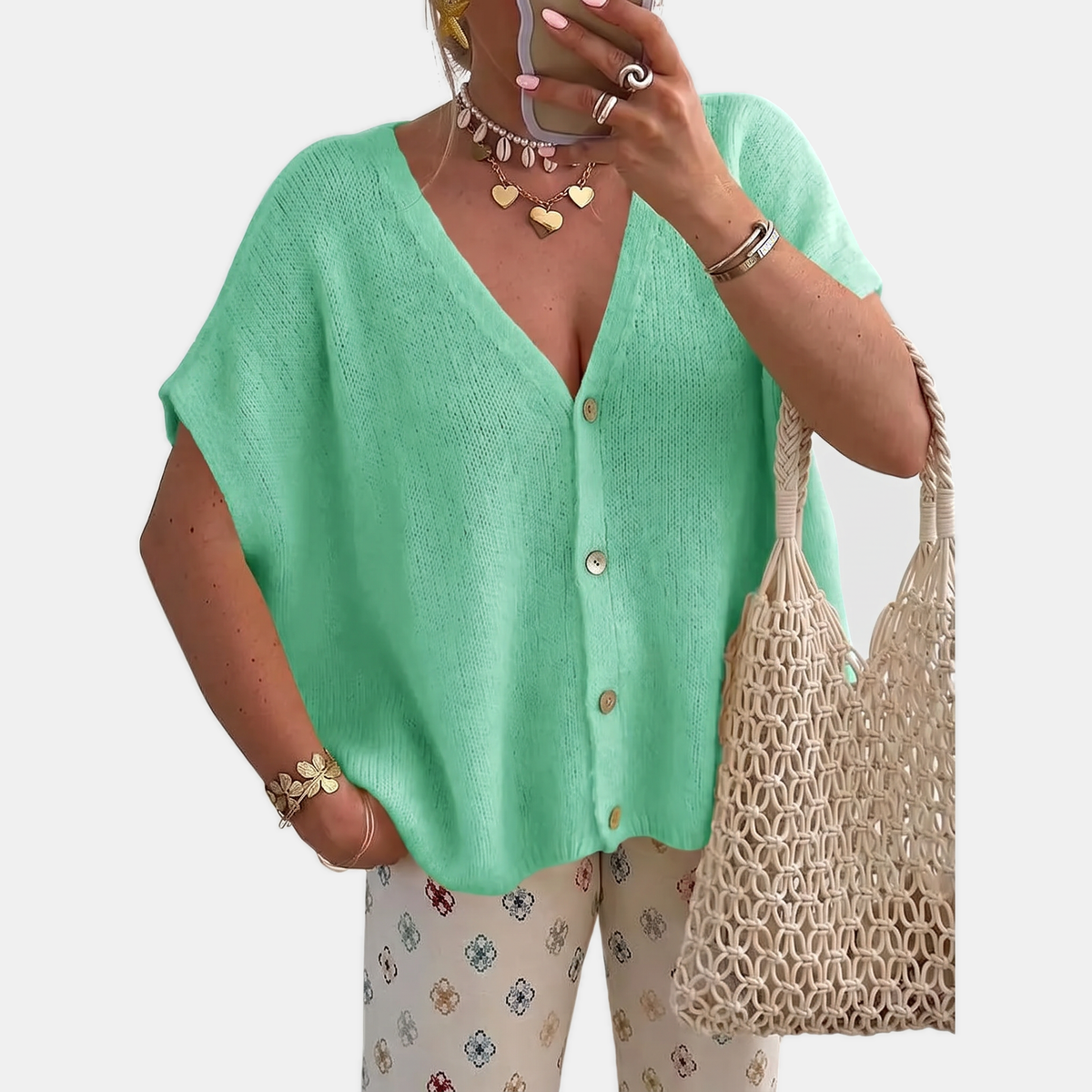 Women's Short Sleeve Button Front Oversized Knit Cardigan
