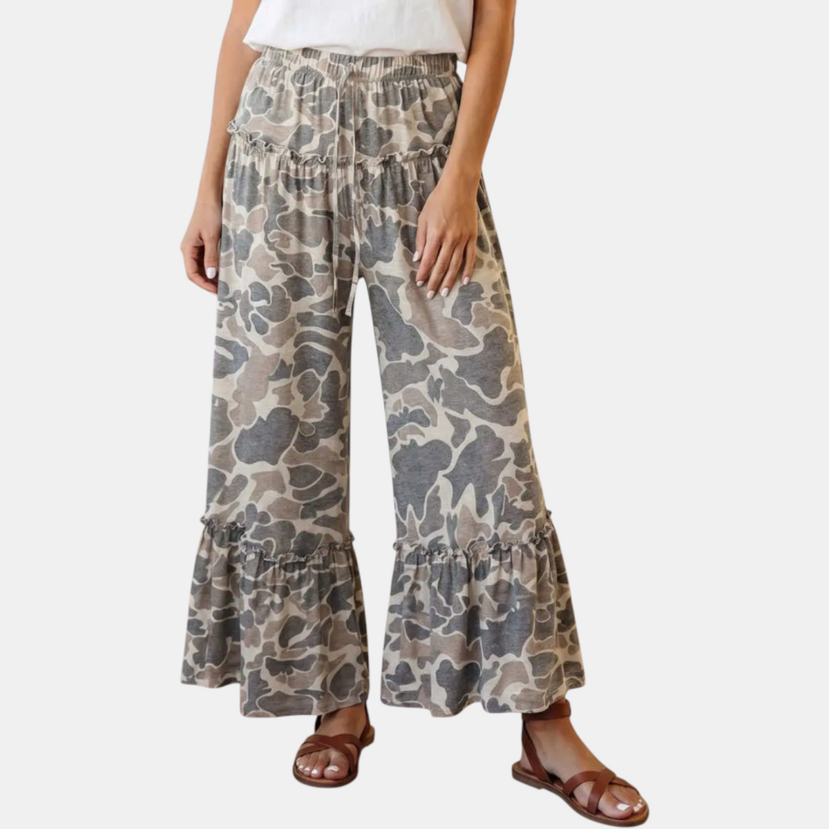 Women's Ruffle Hem Wide Leg Camo Pants with Drawstring Waist