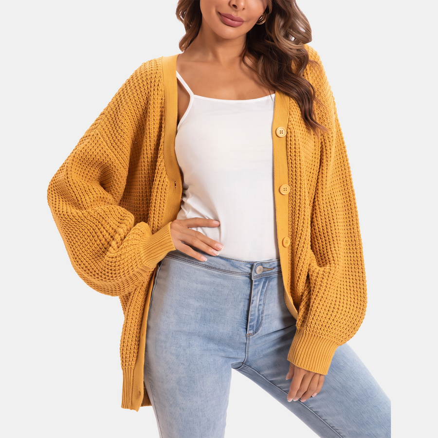 Women's Waffle Knit Cardigan Sweater with Balloon Sleeves