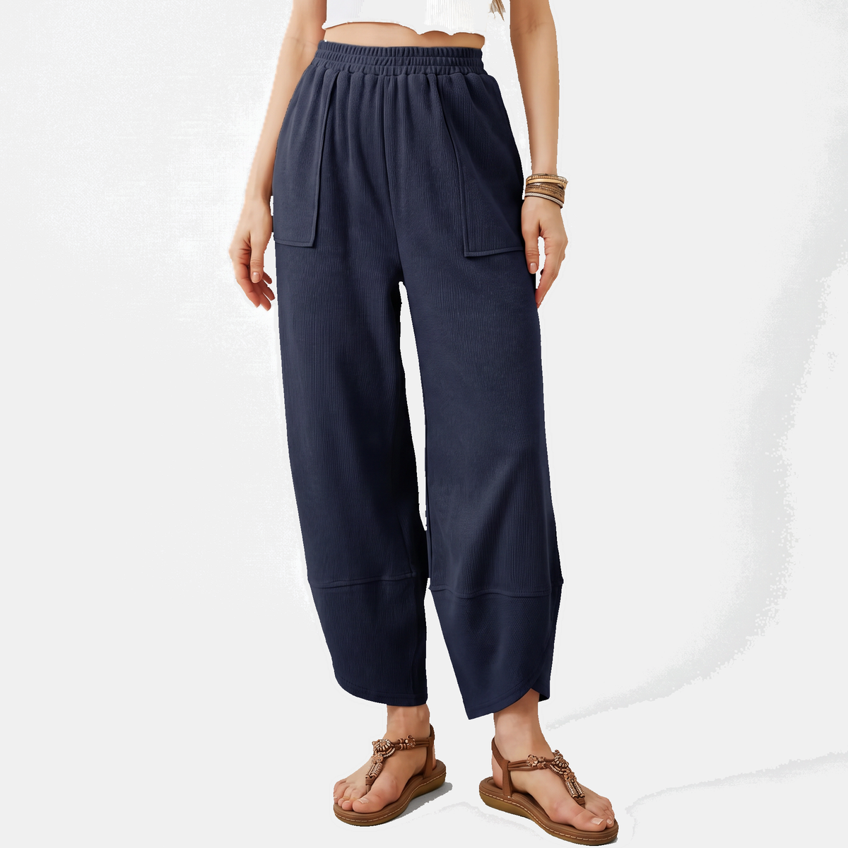 Women's Wide Leg Ribbed Knit Pants with Patch Pockets High Waist