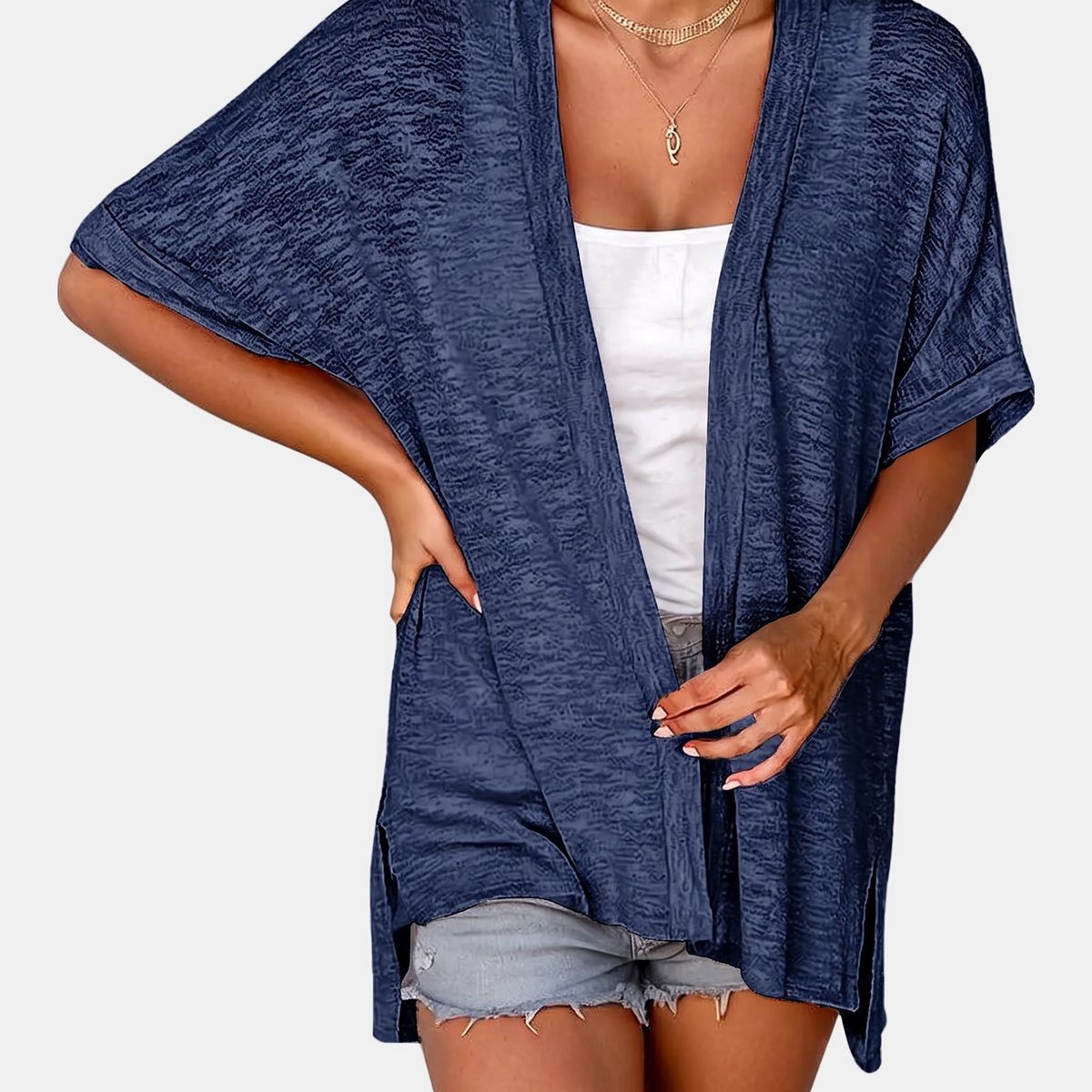 Women's Short Sleeve Open Front Cardigan Textured Knit High Low Hem