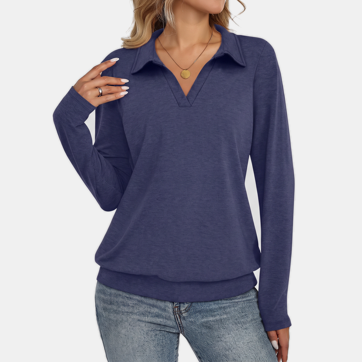 Women's Relaxed Polo Collar V-Neck Pullover Sweatshirt