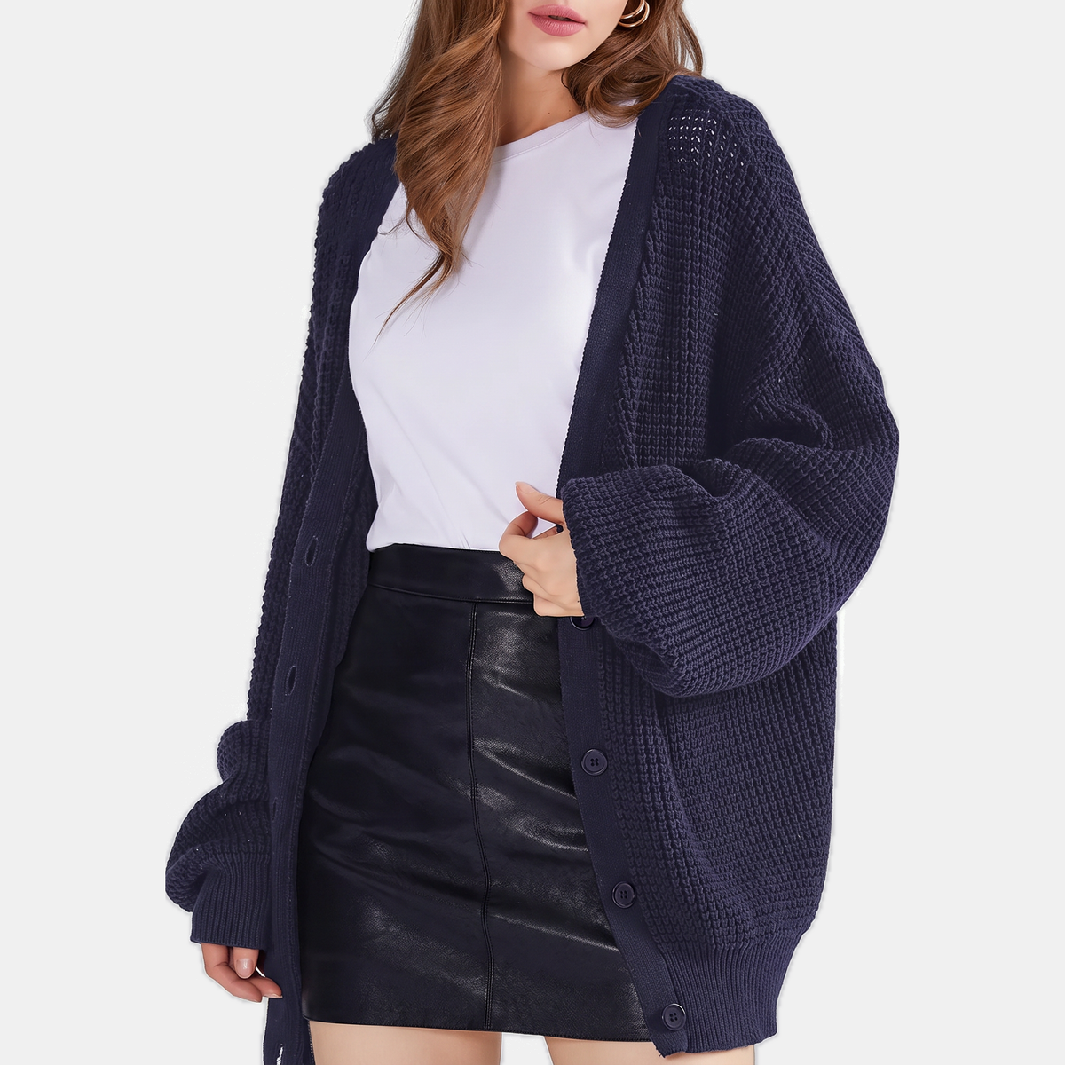 Women's Waffle Knit Cardigan Sweater with Balloon Sleeves