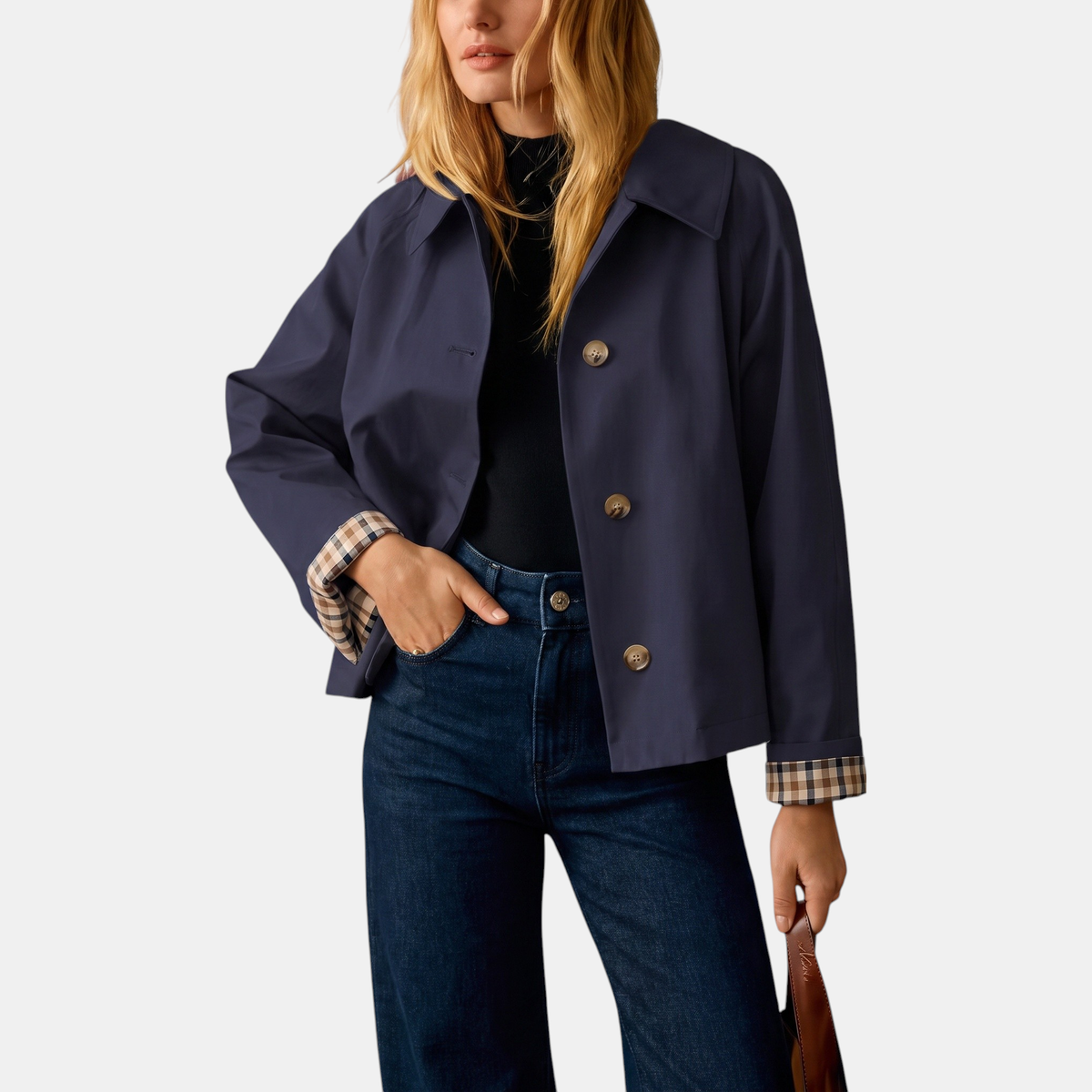 Women's Cropped Trench Coat Single Breasted with Checkered Lining