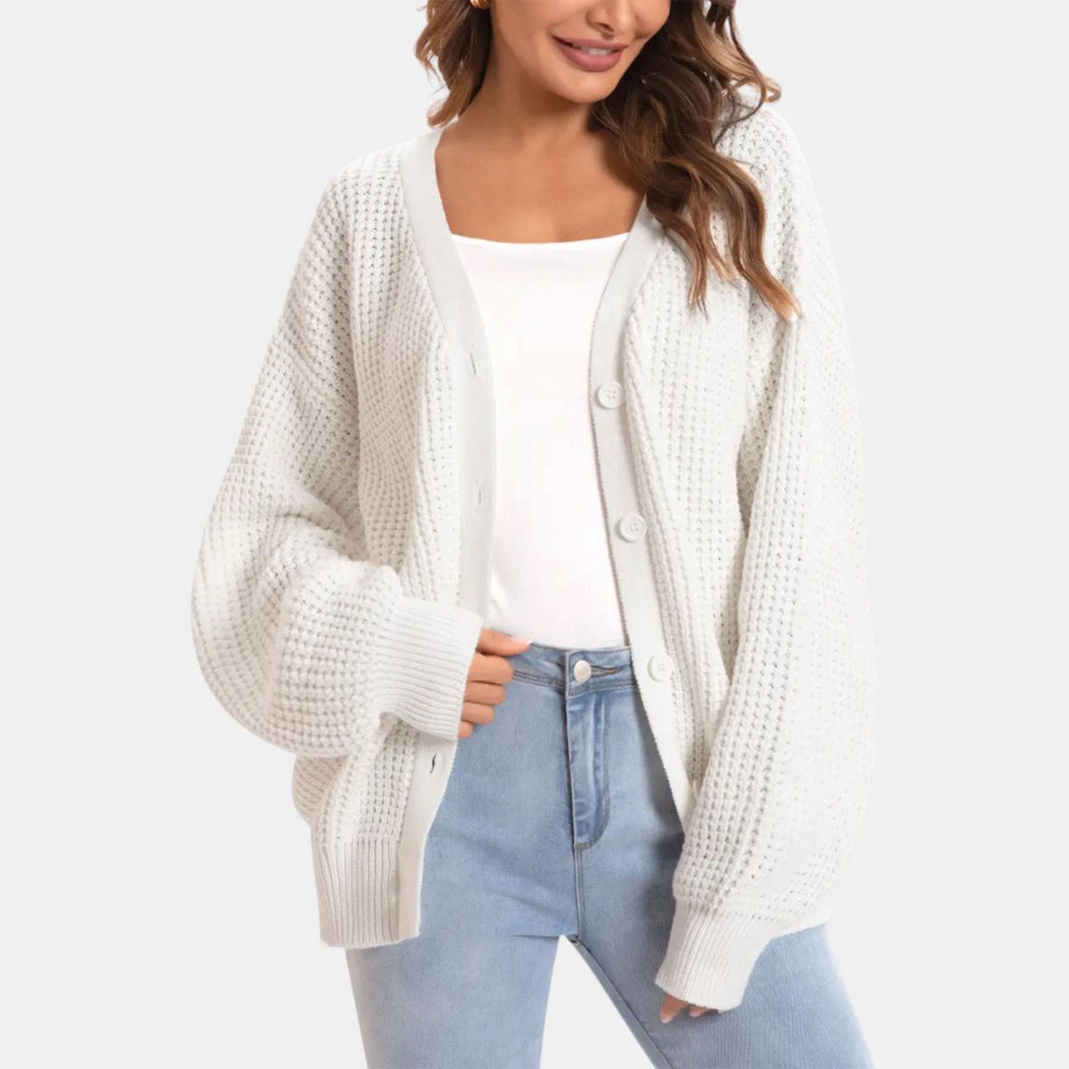 Women's Waffle Knit Cardigan Sweater with Balloon Sleeves