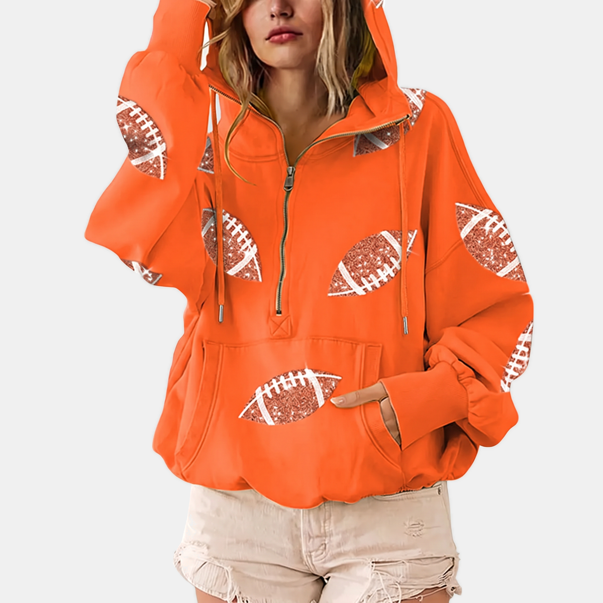 Women's Oversized Hoodie Half Zip Pullover with Sequin Football Print
