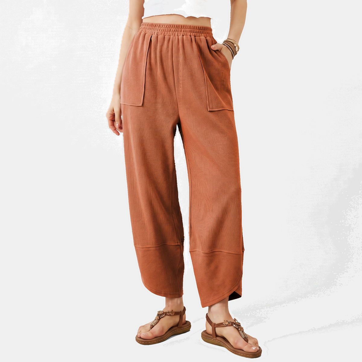 Women's Wide Leg Ribbed Knit Pants with Patch Pockets High Waist