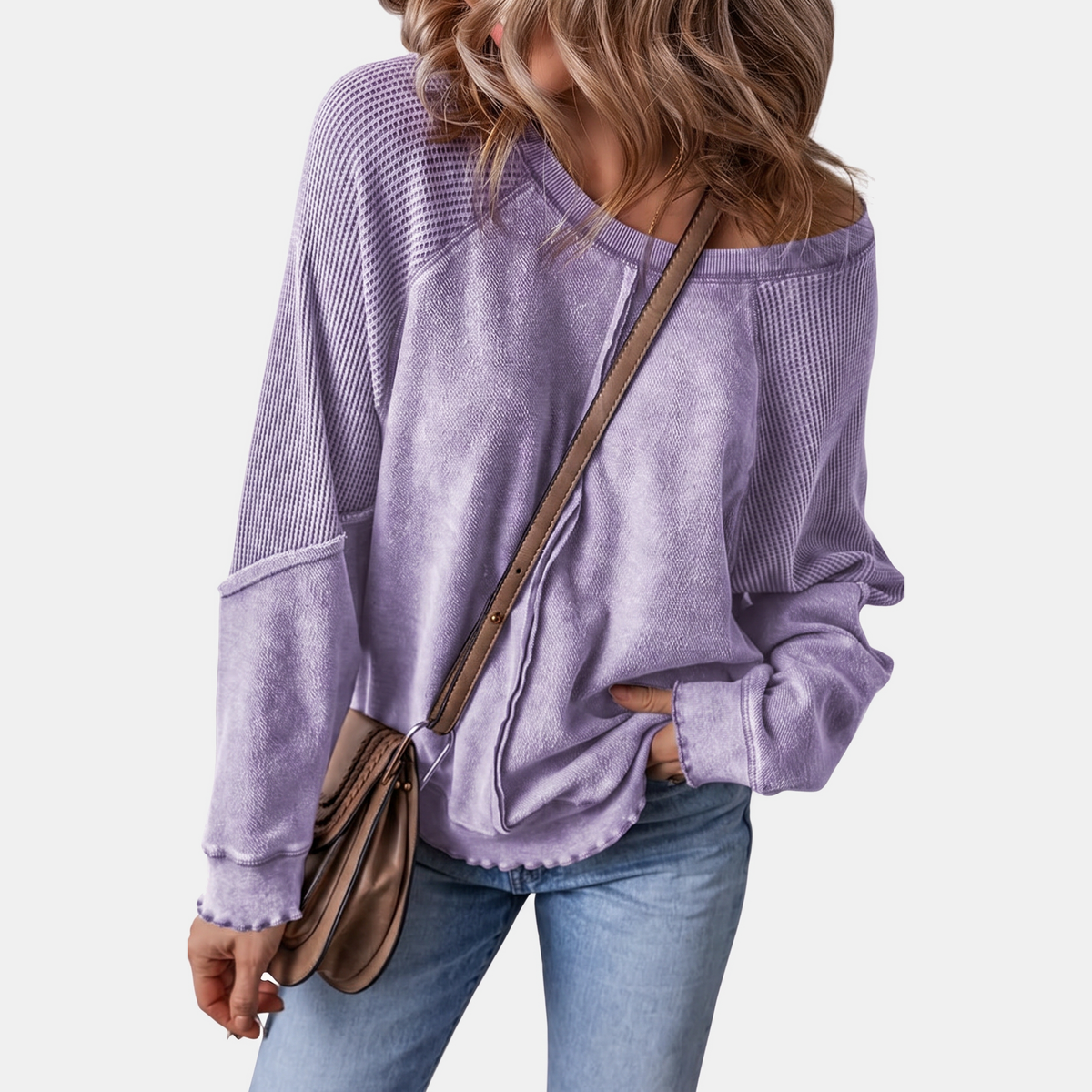 Women's Crewneck Exposed Seam Waffle Knit Oversized Sweatshirt