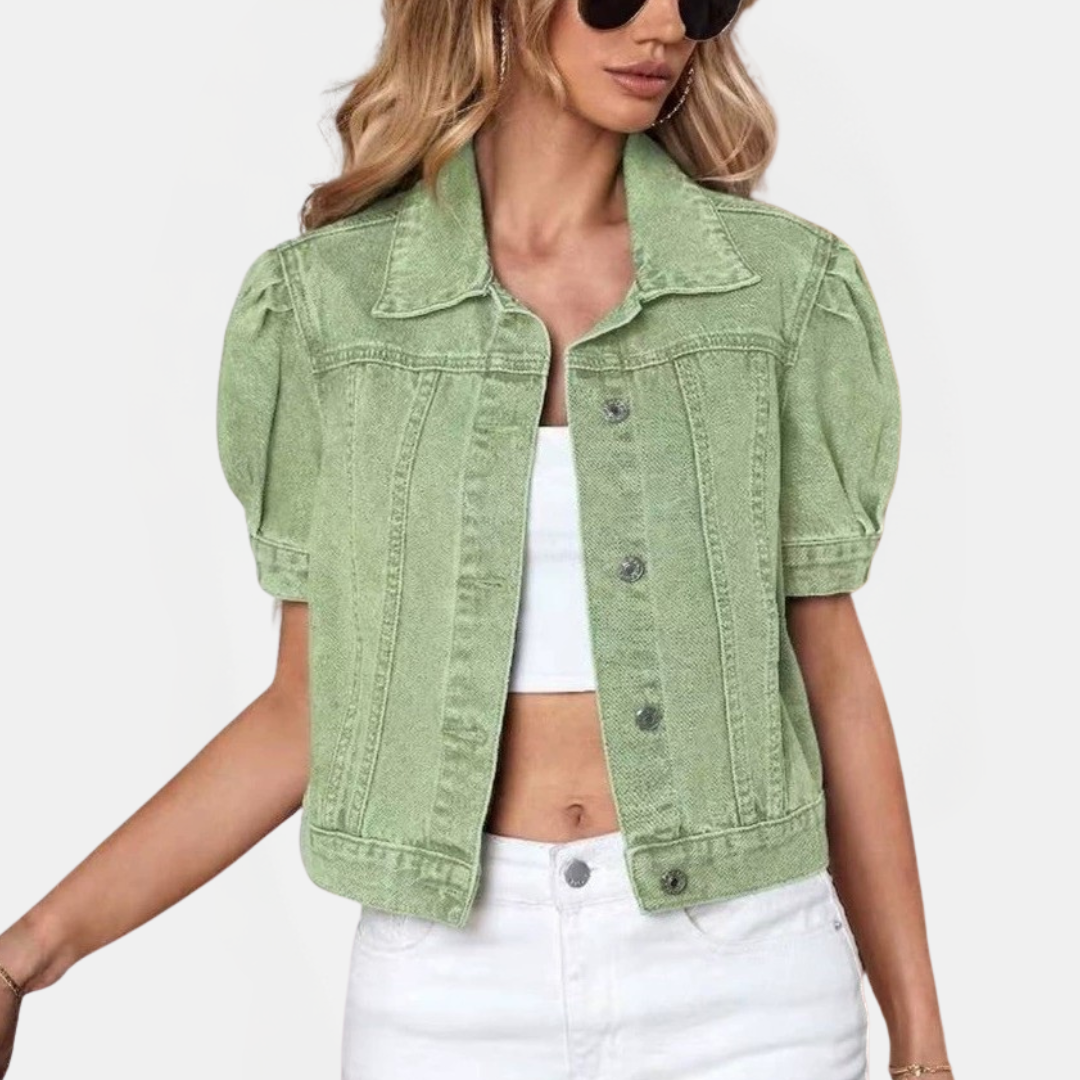 Women's Puff Sleeve Cropped Denim Jacket Button Front