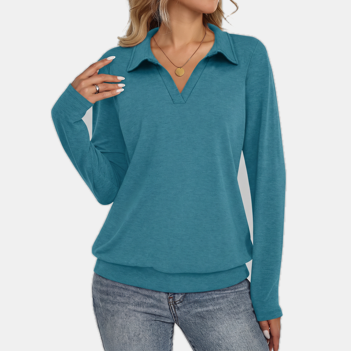 Women's Relaxed Polo Collar V-Neck Pullover Sweatshirt
