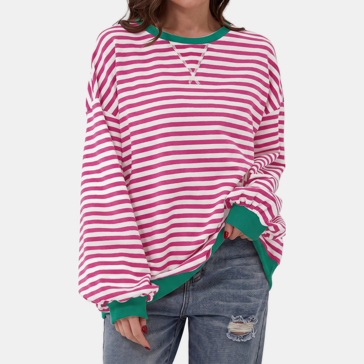 Women's Oversized Crewneck Striped Sweatshirt with Contrast Trim