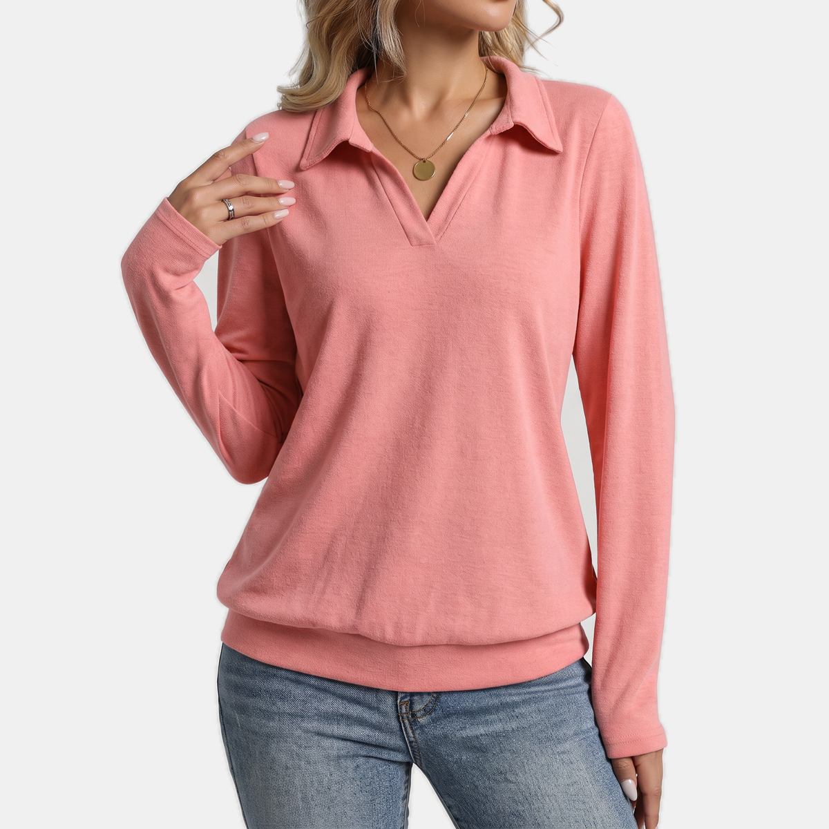 Women's Relaxed Polo Collar V-Neck Pullover Sweatshirt