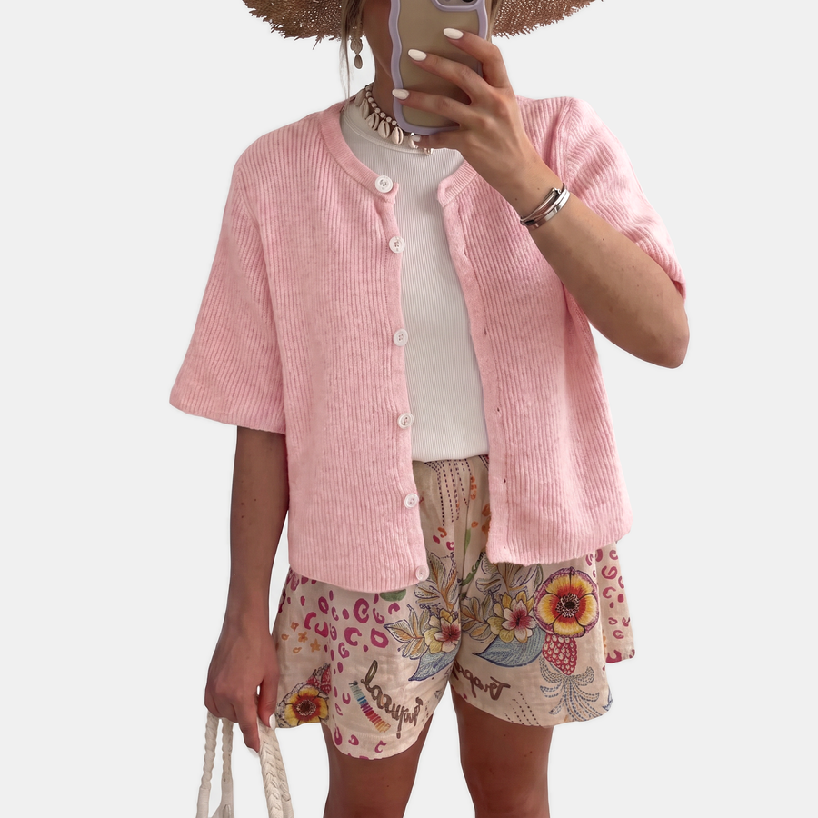 Women's Cropped Short Sleeve Button Front Cardigan Sweater