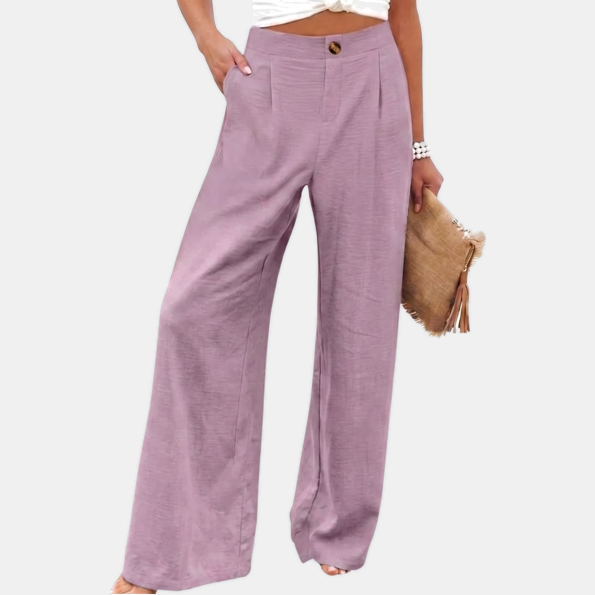 Women's Button Front Linen Pants High Waist Wide Leg Trousers