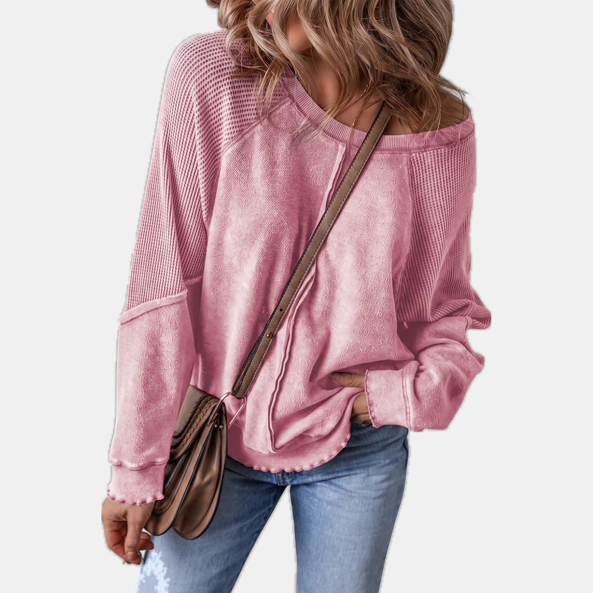 Women's Crewneck Exposed Seam Waffle Knit Oversized Sweatshirt