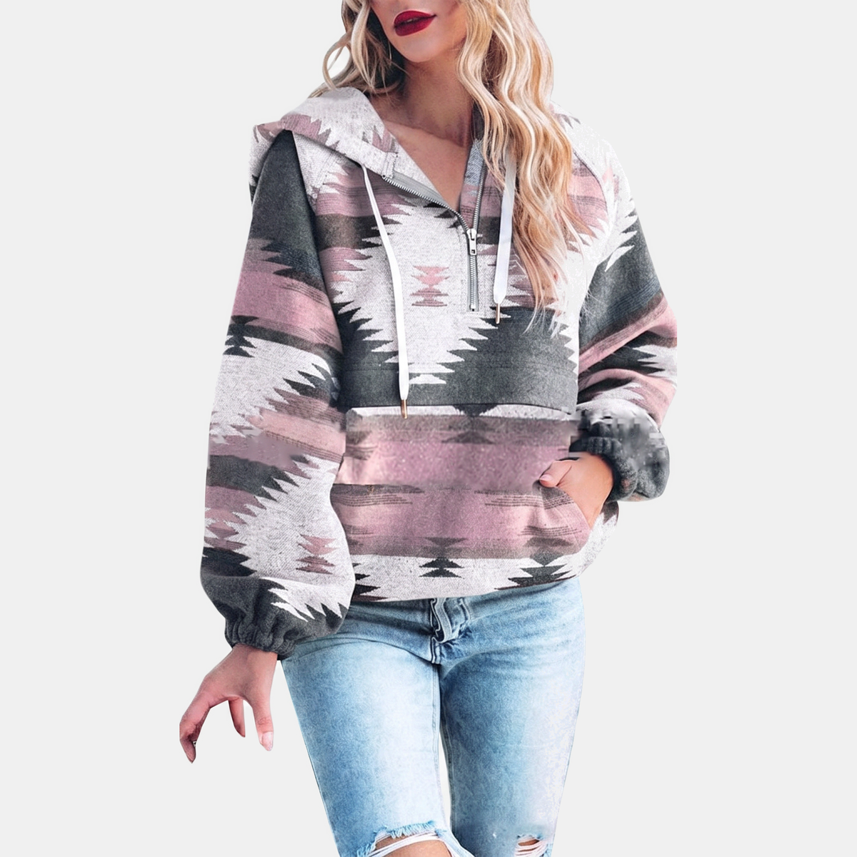 Oversized Quarter Zip Hoodie with Geometric Print