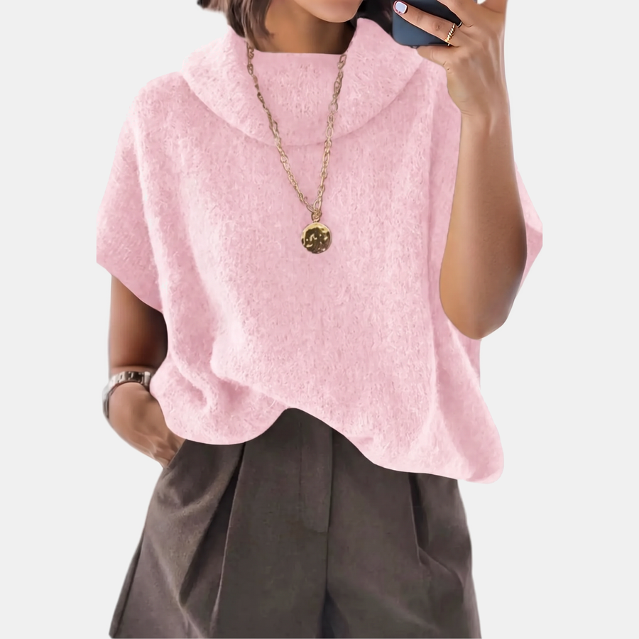 Women's Turtleneck Oversized Batwing Short Sleeve Knit Sweater